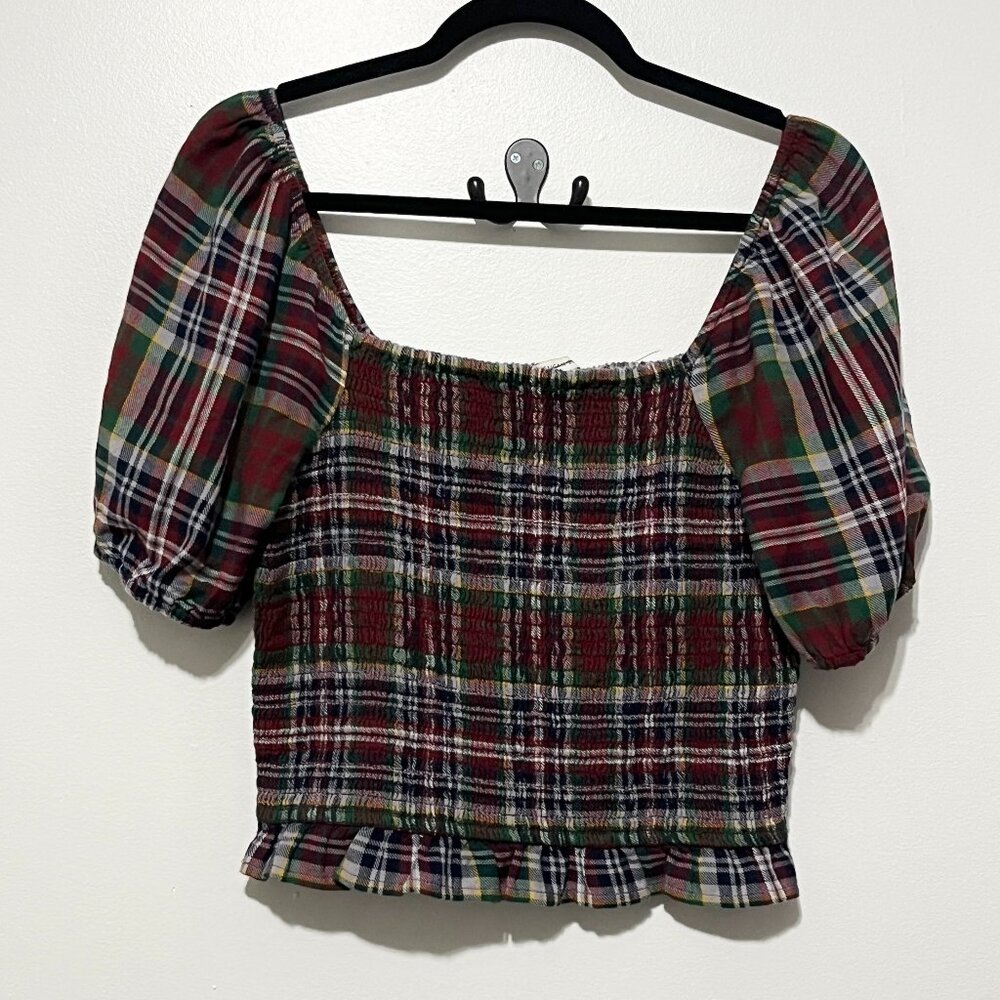 American Eagle Womens Crop Top M Puff Sleeve Plaid Cottagecore Country Cowgirl